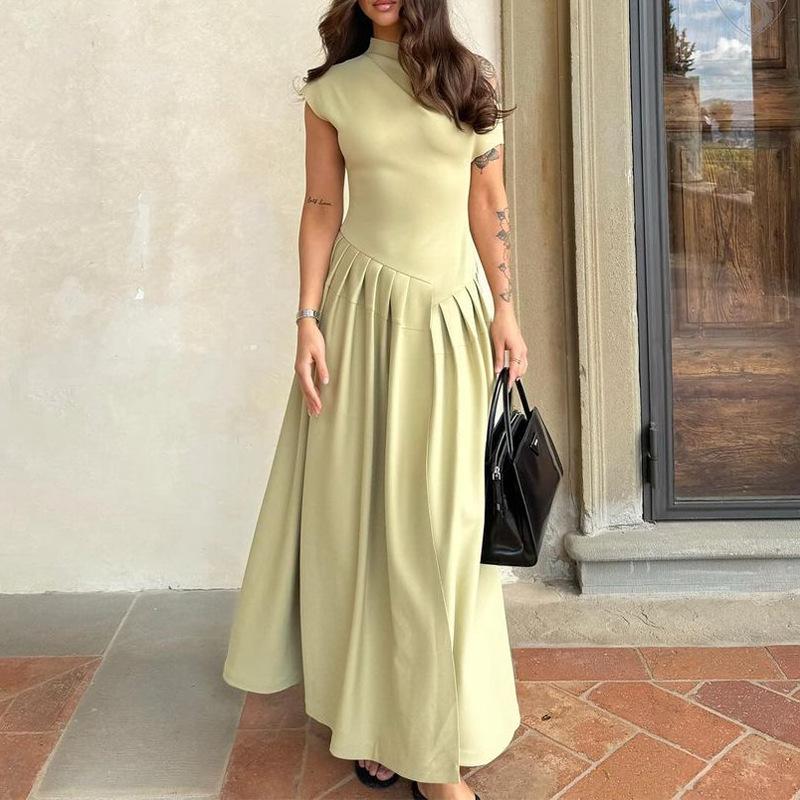 Summer Asymmetrical Neck Short Sleeve Ruched Dress for Women