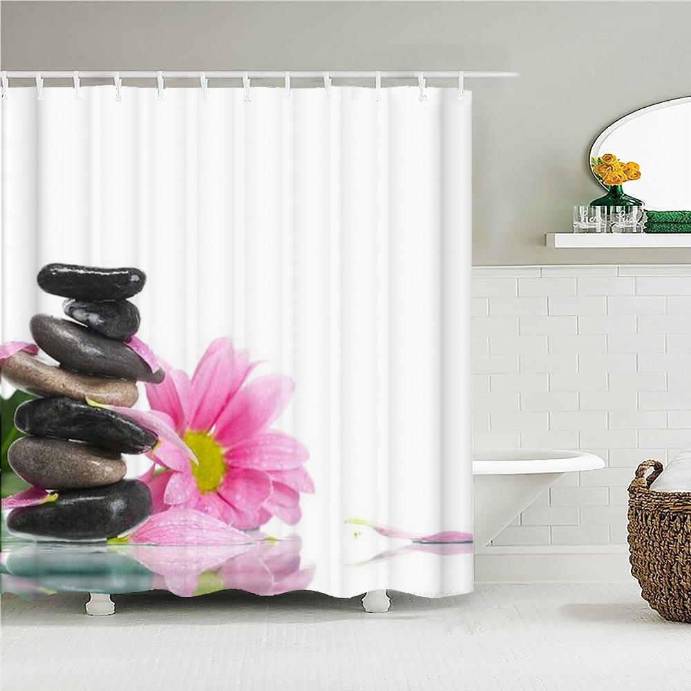 Beautiful Colorful Flower Printed Shower Curtains Frabic Zen Stone Floral Waterproof Polyester Bath Curtain With Hooks 180X180cm