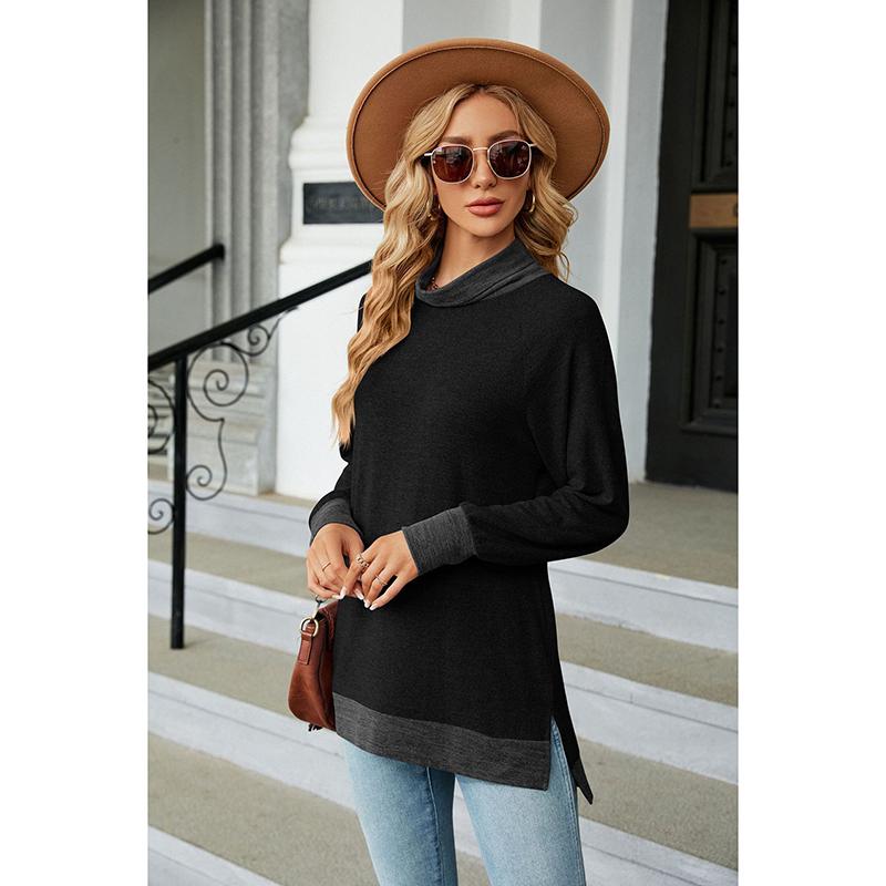 Topuri sexy la modă pentru femei, cu gât rotund, cu mâneci lungi, bluză largi, tricou cu fantă de culoare contrastantă