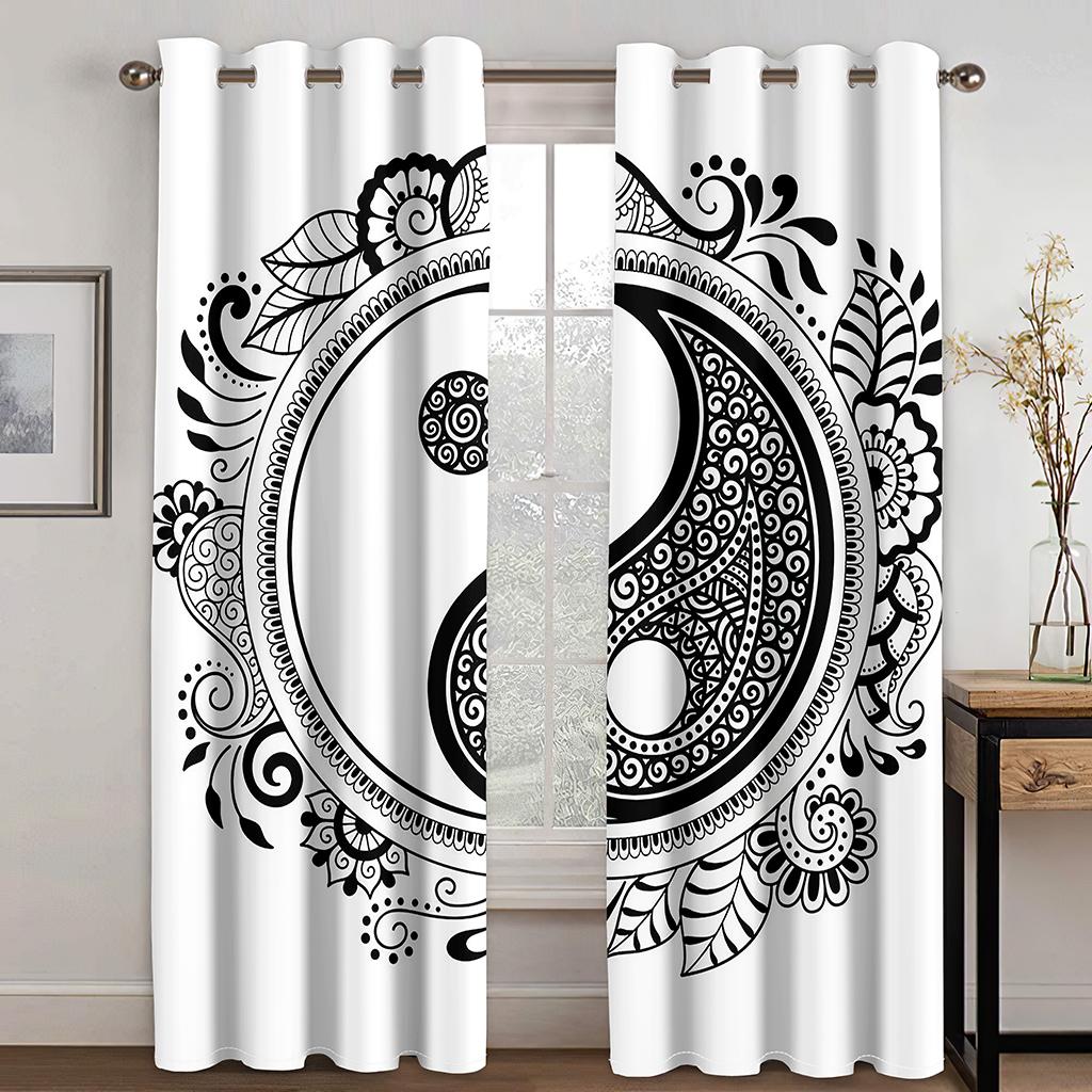 Chinese Tai Chi Pattern Black and Gold Black and White Curtains, a Set of Two Pieces, Home Bedroom Living Room Curtains