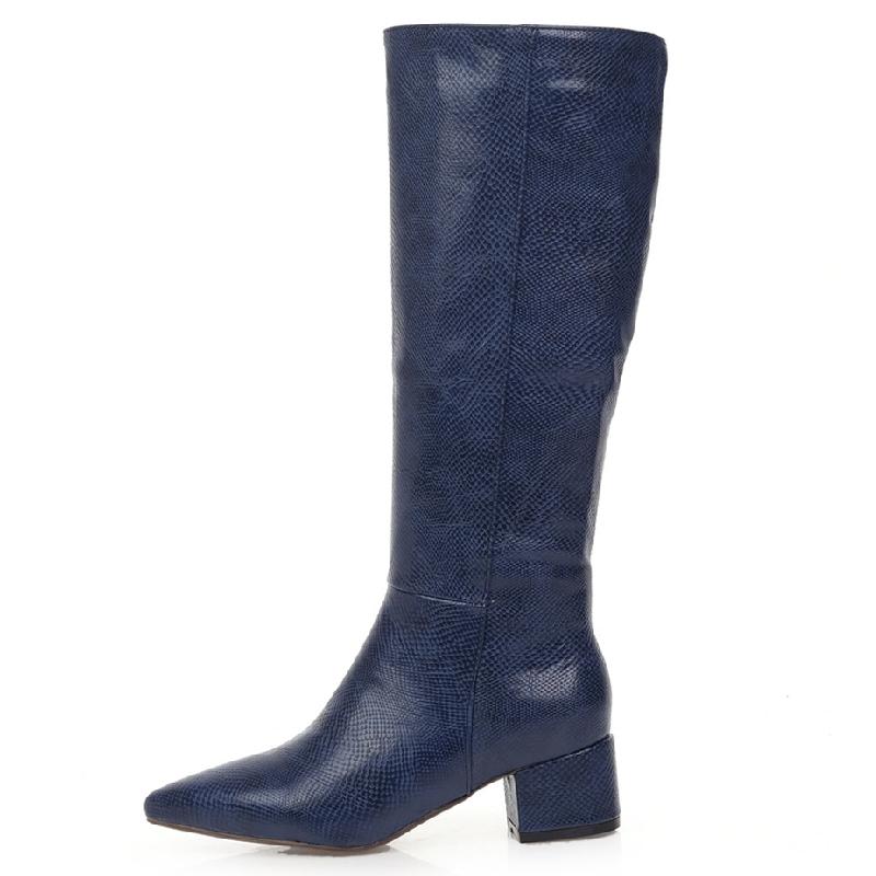 Western Cowboy High Boots for Women Winter Knee High Boots Snake Leather Pointed Low Heels Casual Long Shoes Female Large Size