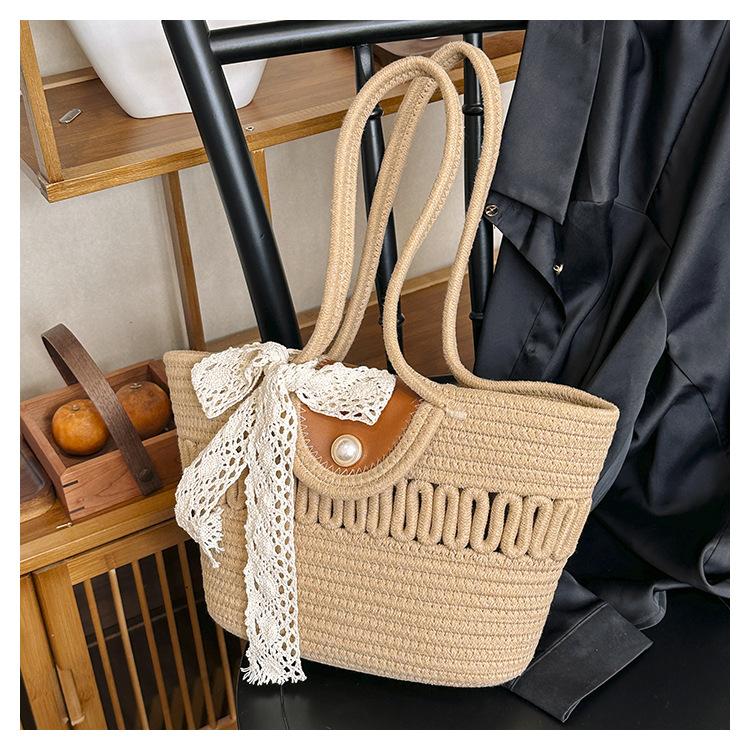 

2024 новий чохол для сумки з перламутровою пряжкою для приміських поїздок великої місткості сумка з бавовняної мотузки плетена портативна порожниста кошик для овочів сумка під пахву