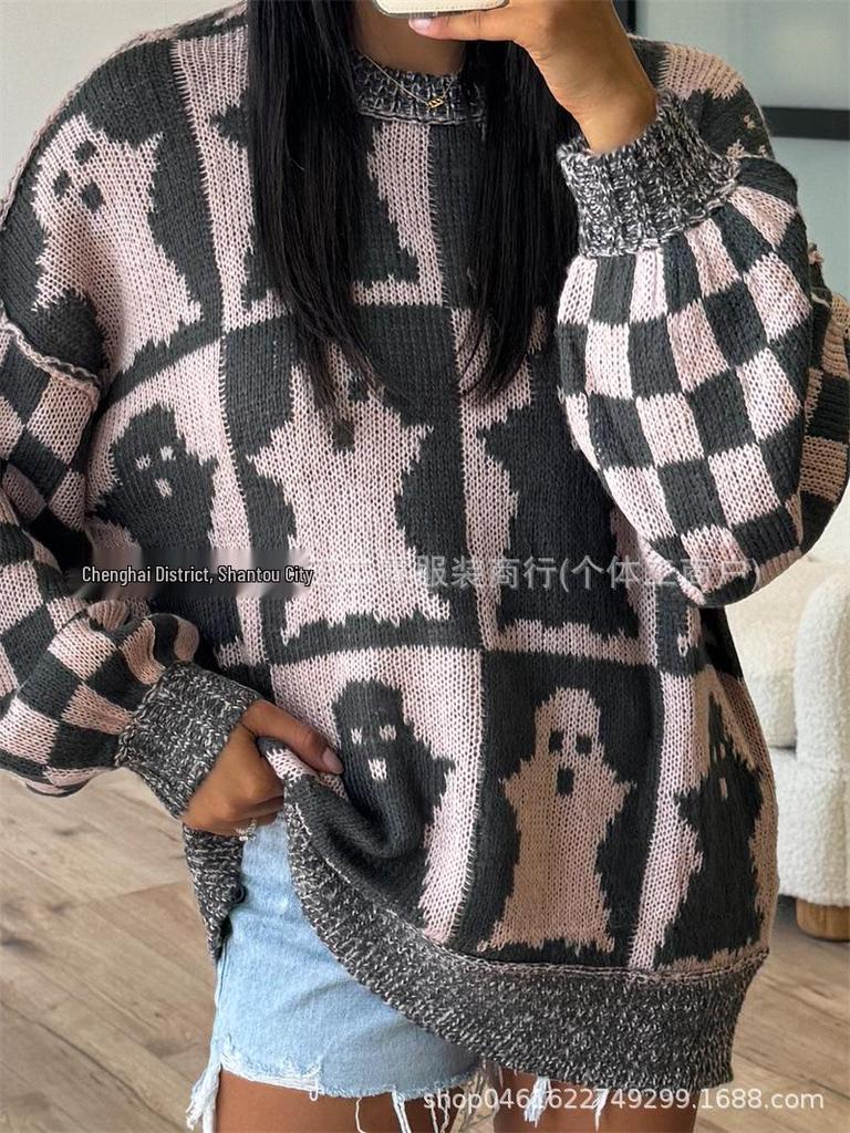 2026 Autumn/Winter European American Christmas Ghost Face Plaid Wool Sweater