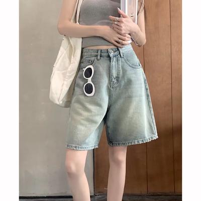 Denim Pants Pockets Vintage High Waist Shorts Women Wide Leg Streetwear Jeans Button Zipper