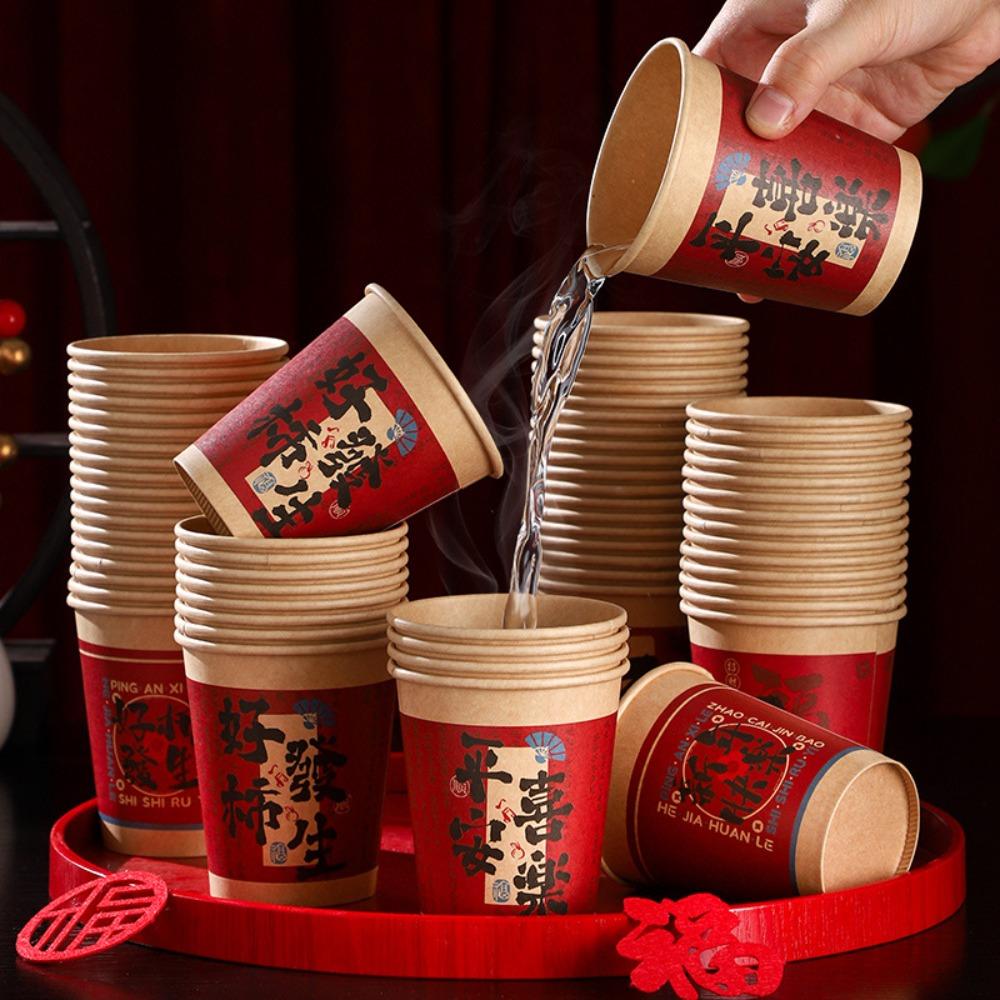 50pcs Calligraphy Blessings Disposable Drinking Cup Chinese Style Party Paper Cup  Spring Festival