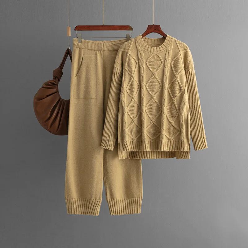 Suéter Grueso de Punto Retorcido Sólido Trajes de Dos Piezas para Mujer Top Cálido Holgado Pantalones Largos de Pierna Ancha Moda Francesa Casual Conjuntos de Punto