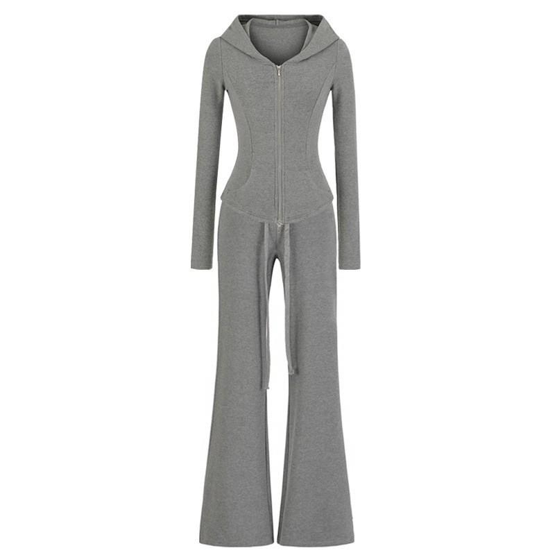 Womens Casual Yoga Set Hooded Zip Cardigan Flared Pants Solid Color Sportswear