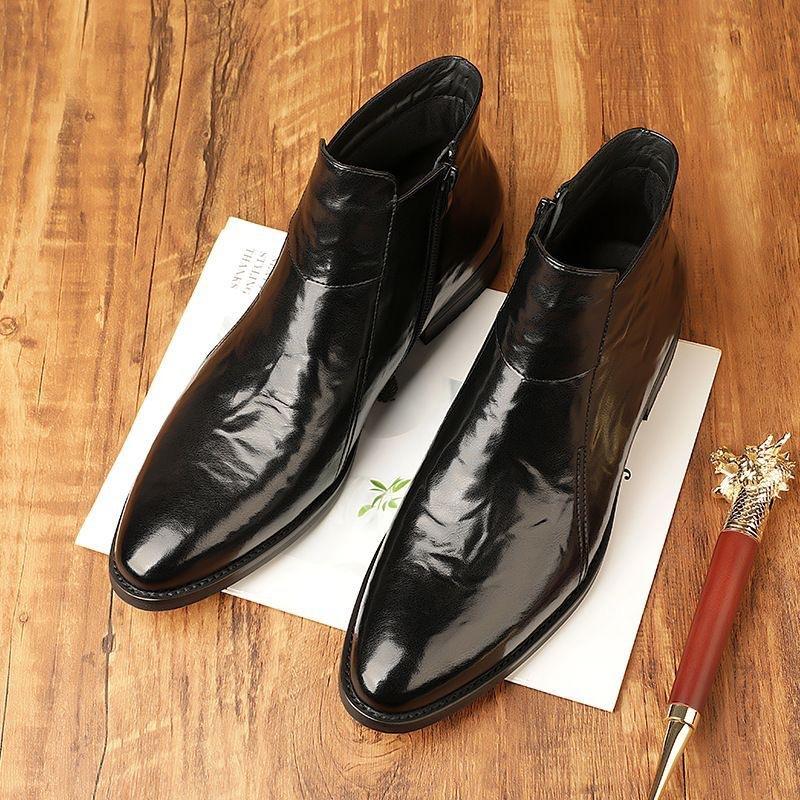 Men's shoes autumn and winter Chelsea boots warm and velvet leather men's leather shoes pointed formal high-top cotton shoes