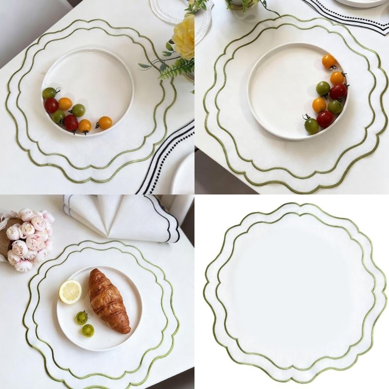 Round Embroidered Scalloped Edges Placemat Washable Decorative Flower Table Mat For Banquet Baby Showers Dining Setting
