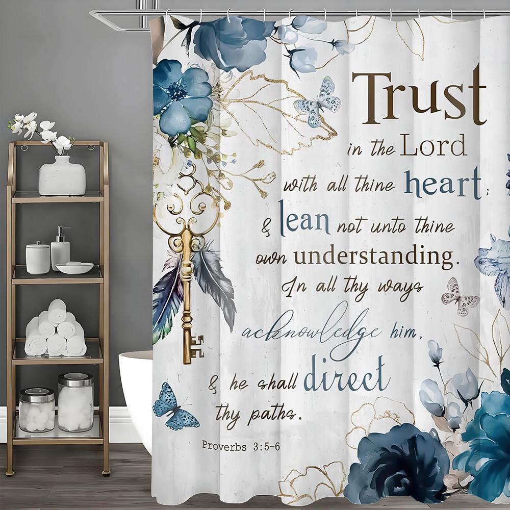 

Blue Floral Bible Inspirational Quotes Shower Curtain, Bathroom Decorative Shower Curtain, Waterproof Shower Curtain with Hooks 150*180cm