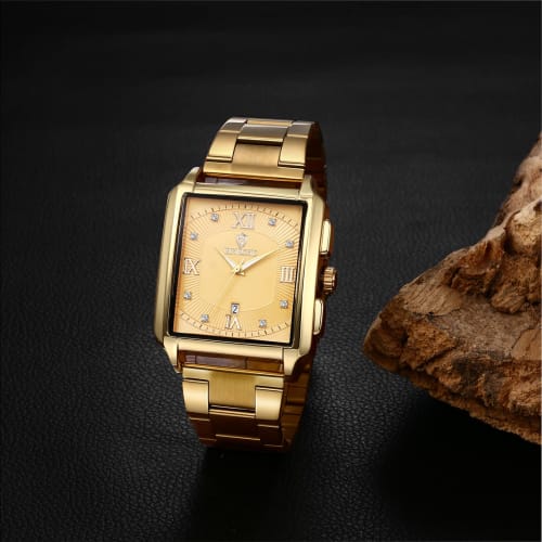 Seiko Men's Watch: Square Dial, Upgraded Waterproof Quartz Watch, Stainless Steel, Adjustable, Gold, for Business and Everyday Use