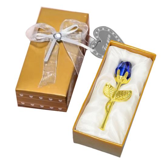 Faux Crystal Rose Flower Gift with Metal Stem Clear Flower Figurine with Gift Box