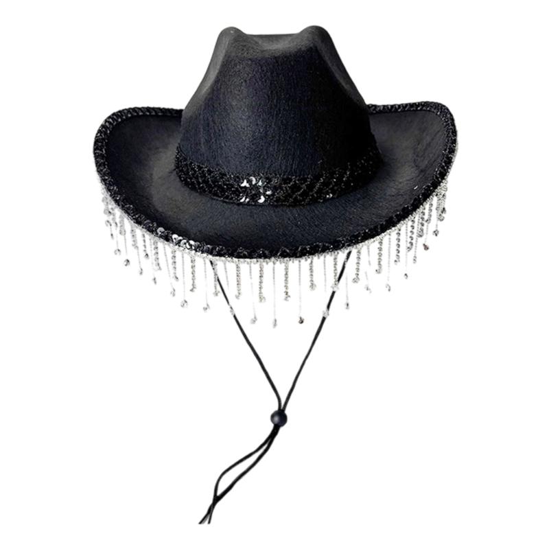 Elegant Bridal Rhinestones Cowboy Hats With Tassels Lace Design For Wedding Party Soft Fabric Panama Hat
