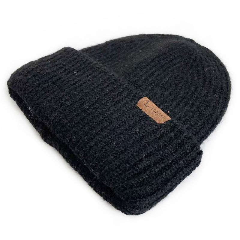 Korean Style Thick Knit Wool Hat for Men & Women - Windproof, Warm, Double Layered, Large Head, Autumn/Winter, Solid Color.