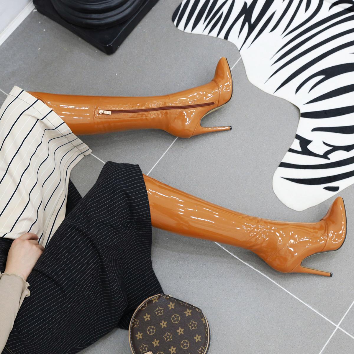 

Женские ботфорты Уличный стиль Модные ботинки 10 см Шпилька Новая лакированная кожа Красный Модный Белый Стрейч ботинок Женская обувь 34 жёлтый