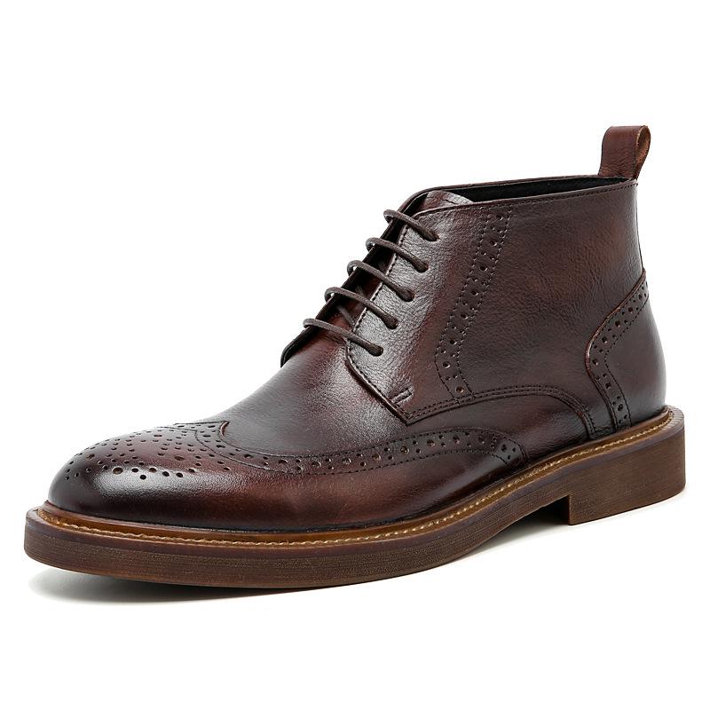 Fashion Men's Autumn Winter Plus Velvet Warm Carved Brogue Leather Shoes Street Cowhide Lace-Up Boots Male British Retro Tooling Boots