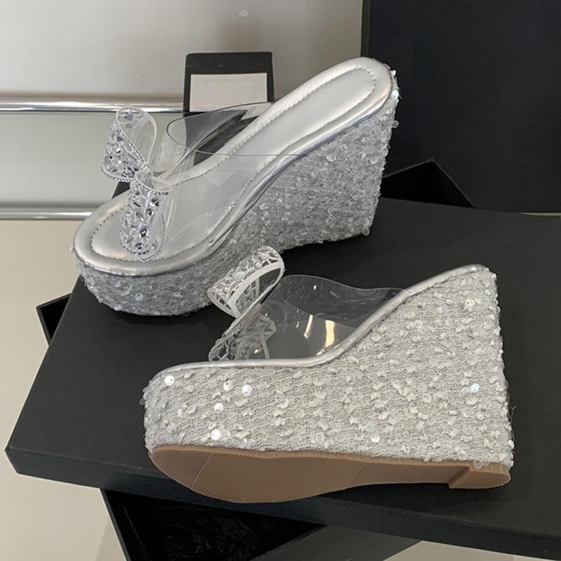 PVC Transparent Women Platform Slipper Fashion Crystal Rhinestone Bowknot High Heels Wedge Sandals Summer Party Dress Shoe