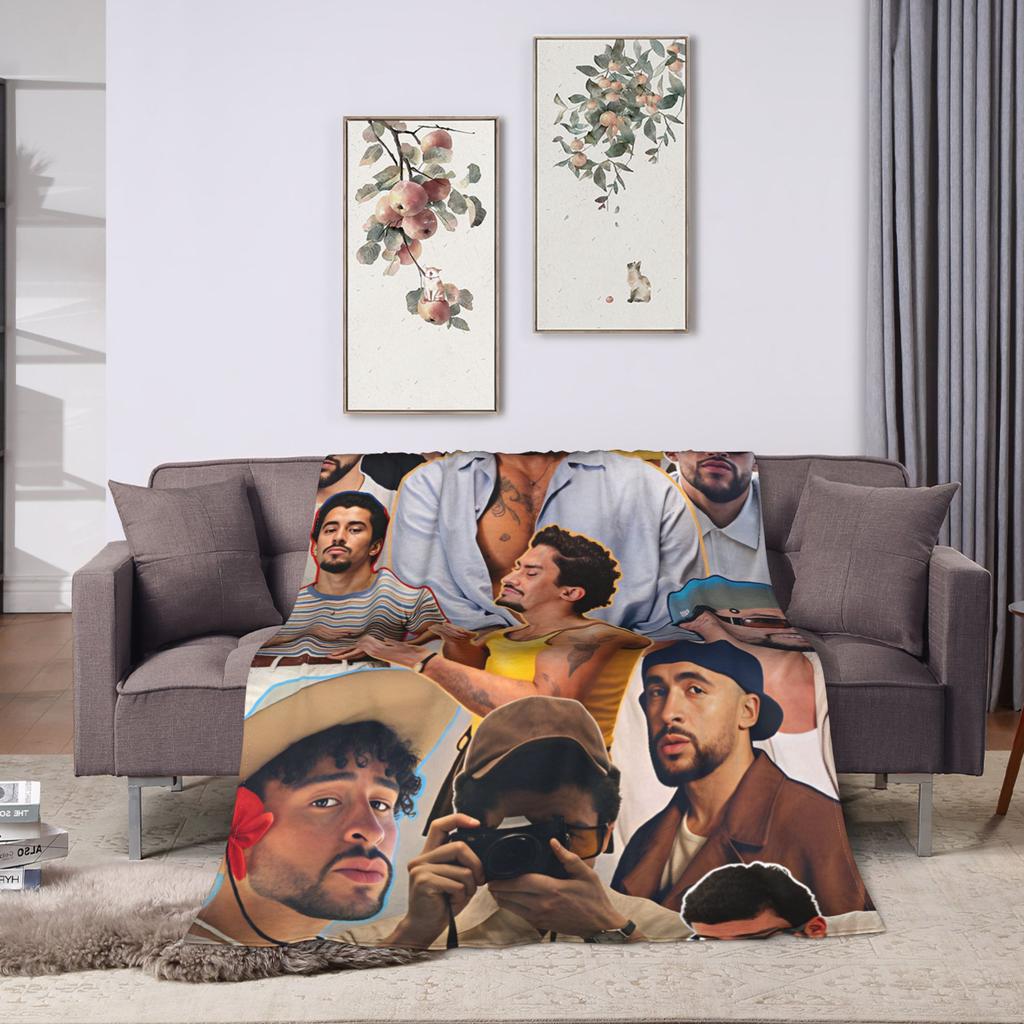 Bad Bunny Puerto Rican Rapper Portrait Blankets Soft Plush Throw Blanket For Girls Boys Couch Chair Flannel Bedspread Bed Cover