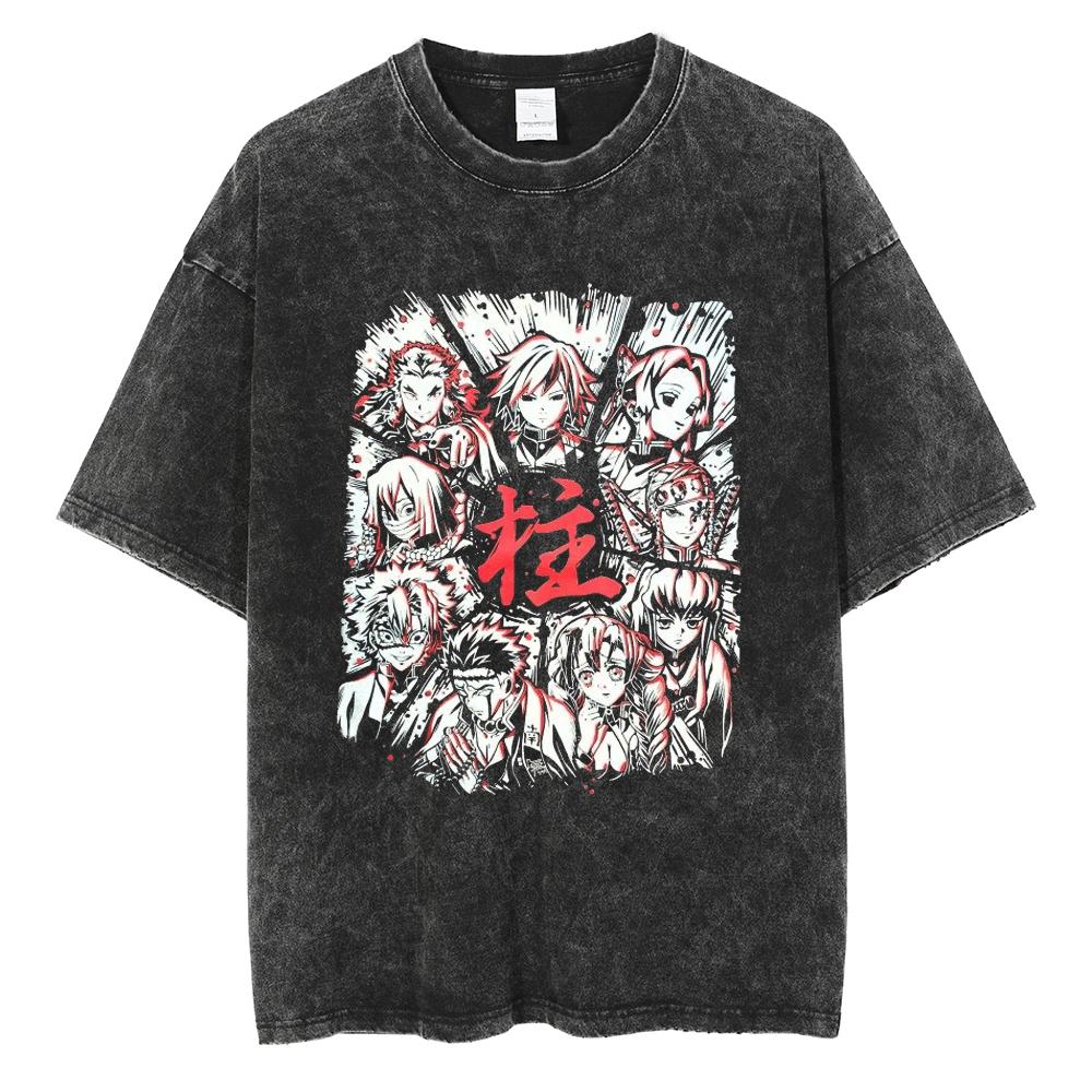 Anime Demon Slayer Nezuko Zenitsu Tanjirou Inosuke Print T-shirt Men Manga Cotton Tshirts Retro Washed T Shirt Harajuku Male Top