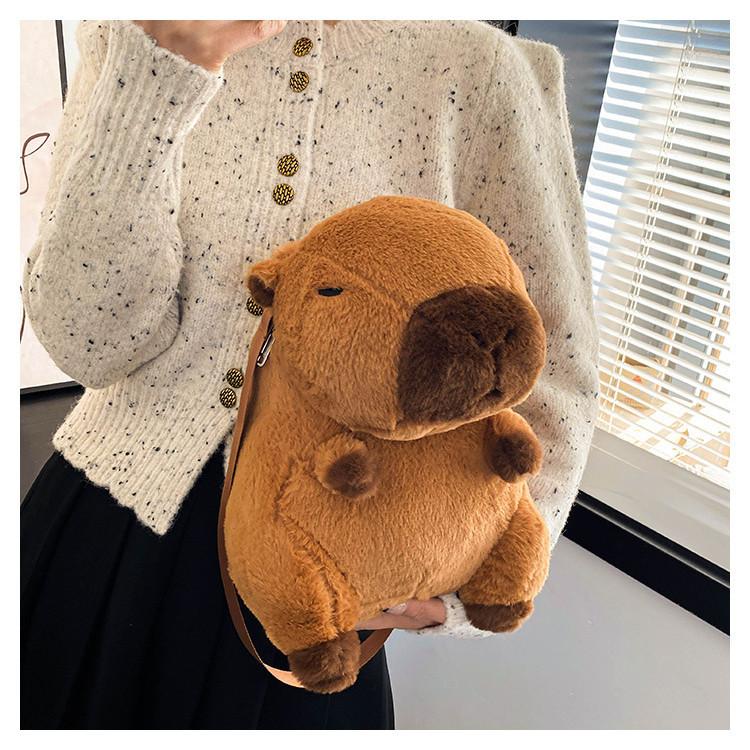 Cute Cartoon Capybara Plush Backpack For Women College Students Brown Silky Soft Urban Minimalist Style