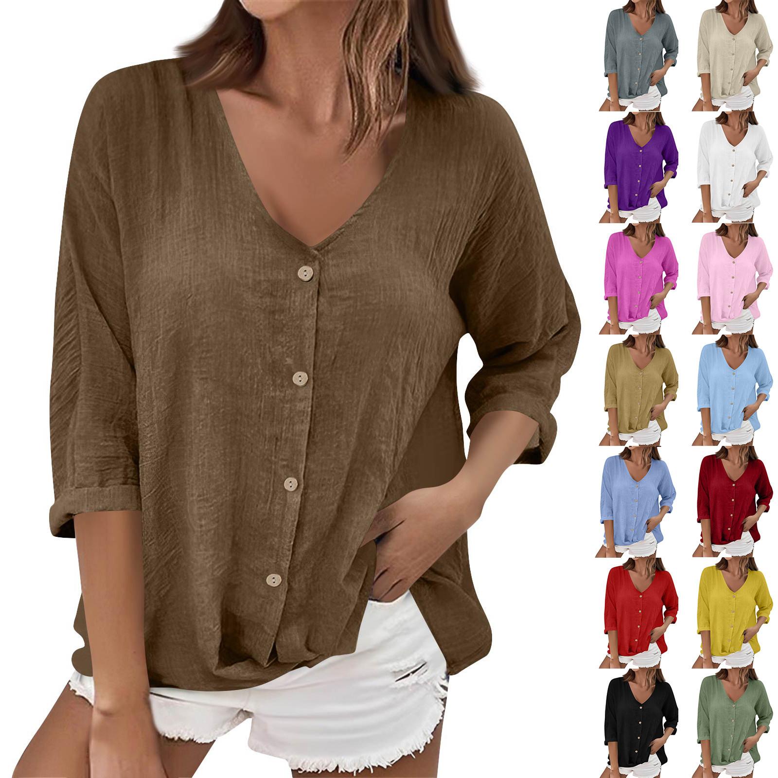 

Women s Fashion Casual Solid Color V-Neck Live Button Seven Sleeve T-Shirt Top S зелений