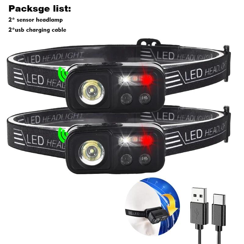 800Mah COB+LED Head Flashlight Motion Sensor Type-c Rechargeable Headlamp Camping Fishing Outdoors Headlights with Red lights