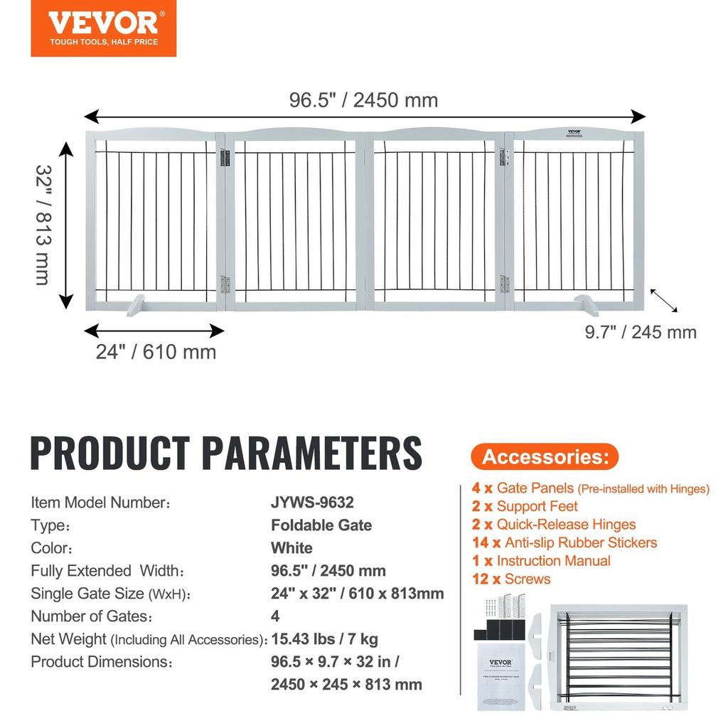 Free Standing Dog Gate 32x96.5 Inch Freestanding Pet Gate Foldable White