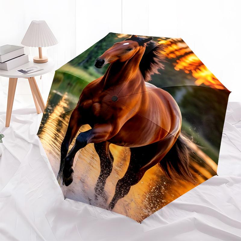 1pc Horse Water Reflection Automatic Folding Umbrella Portable Collapsible 8-Rib Umbrella for All Seasons, Casual Outdoor Accessory, B60