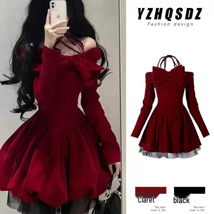 Women's Slightly Tipsy Velvet Halter Dress - Red Holiday Edition