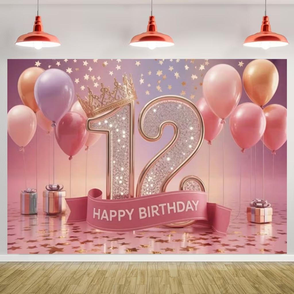 Happy 12th Birthday Banner Black Gold Balloon Background Party Decoration Boys Girls Birthday  Photography Backdrop Kids Gifts