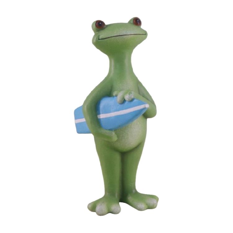 

Creative Detailed Resin Funny Frogs With Surfboard Swimming Rings Statue for Indoor or Outdoor Decors Office Desk Shelf