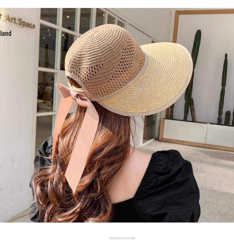 Mori Style Women's Wide Brim Straw Hat with Bow and Satin Ribbon, Sun Protection for Summer Travel and Beach Outings.