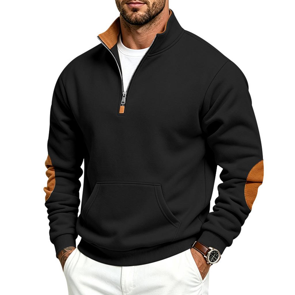 Men's Retro Patchwork Half-Zip Sweatshirt with Stand Collar for Fall Winter Casual Wear
