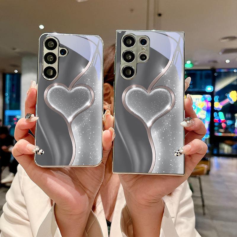 Shiny Heart Outline Electroplated Silver Phone Case For Samsung Galaxy S26 S25 S24 S23 S22 S21 S20 Ultra Plus FE 26+ Glass Cover