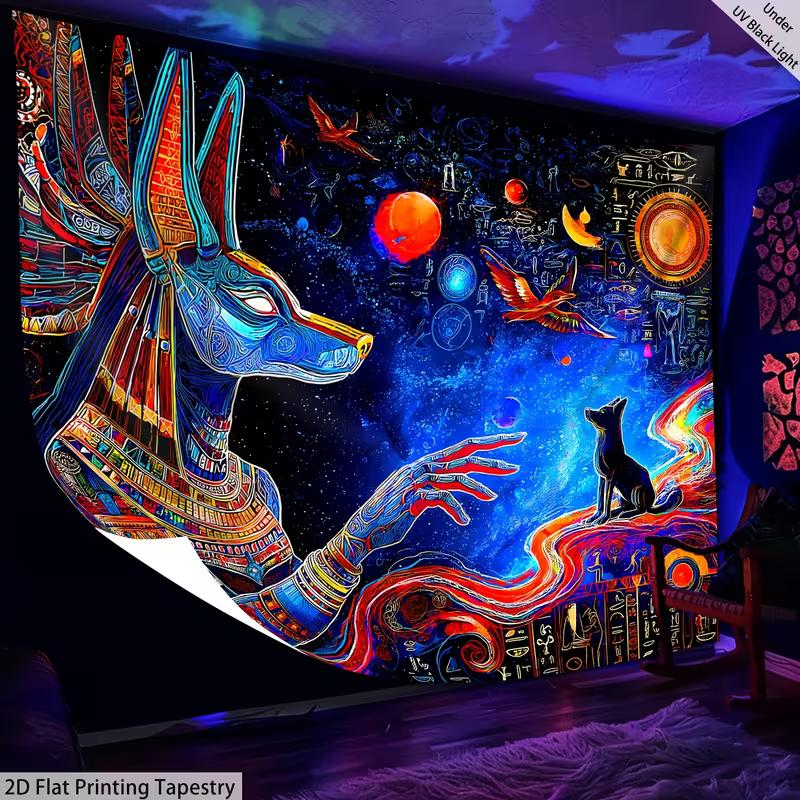 2D Blacklight Reactive Anubis Tapestry Trippy Egyptian Home Decor