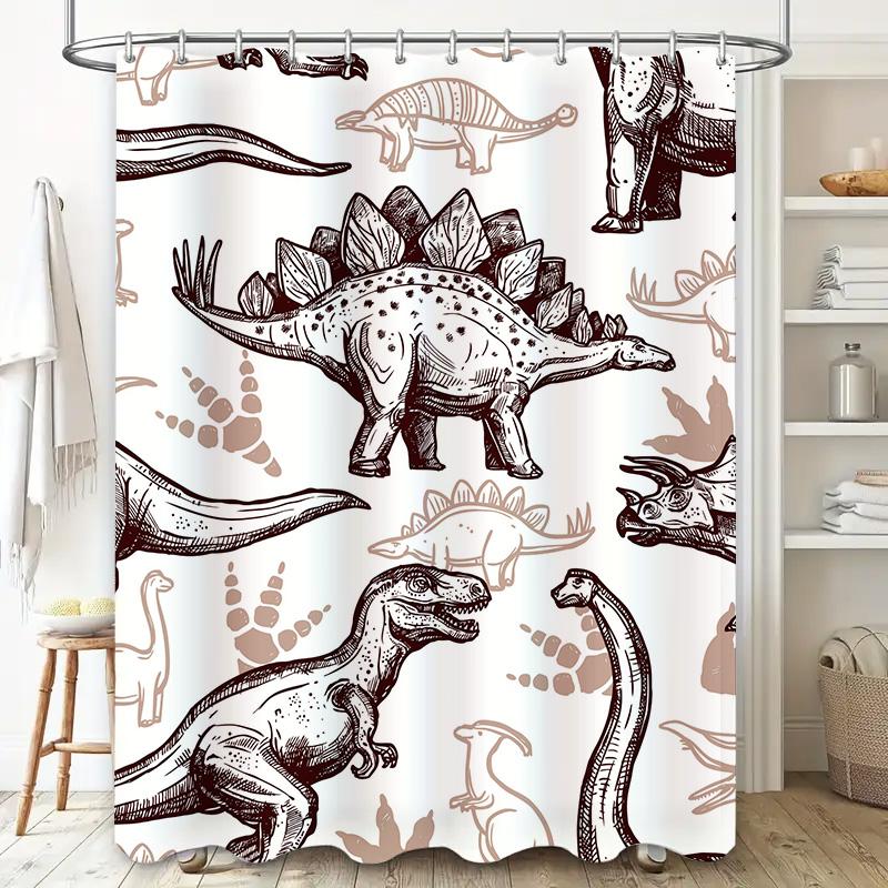 Vintage Illustration Dinosaur Shower Curtain for Bathroom Decor Brown Beige Color Scheme, Hang-Ring Included (240x180cm)