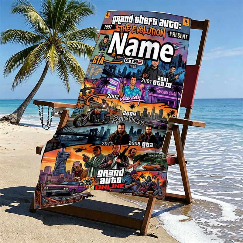 Custom Name Personalized Grand Theft Auto VI Print Beach Towel, for Trip Camping Beach Party Home Decor, Birthday Gift for Family & Friends