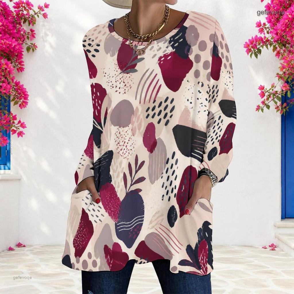 Women Plus Size Round Neck Long Sleeve Geometric Printed Loose Longline T Shirt With Pockets