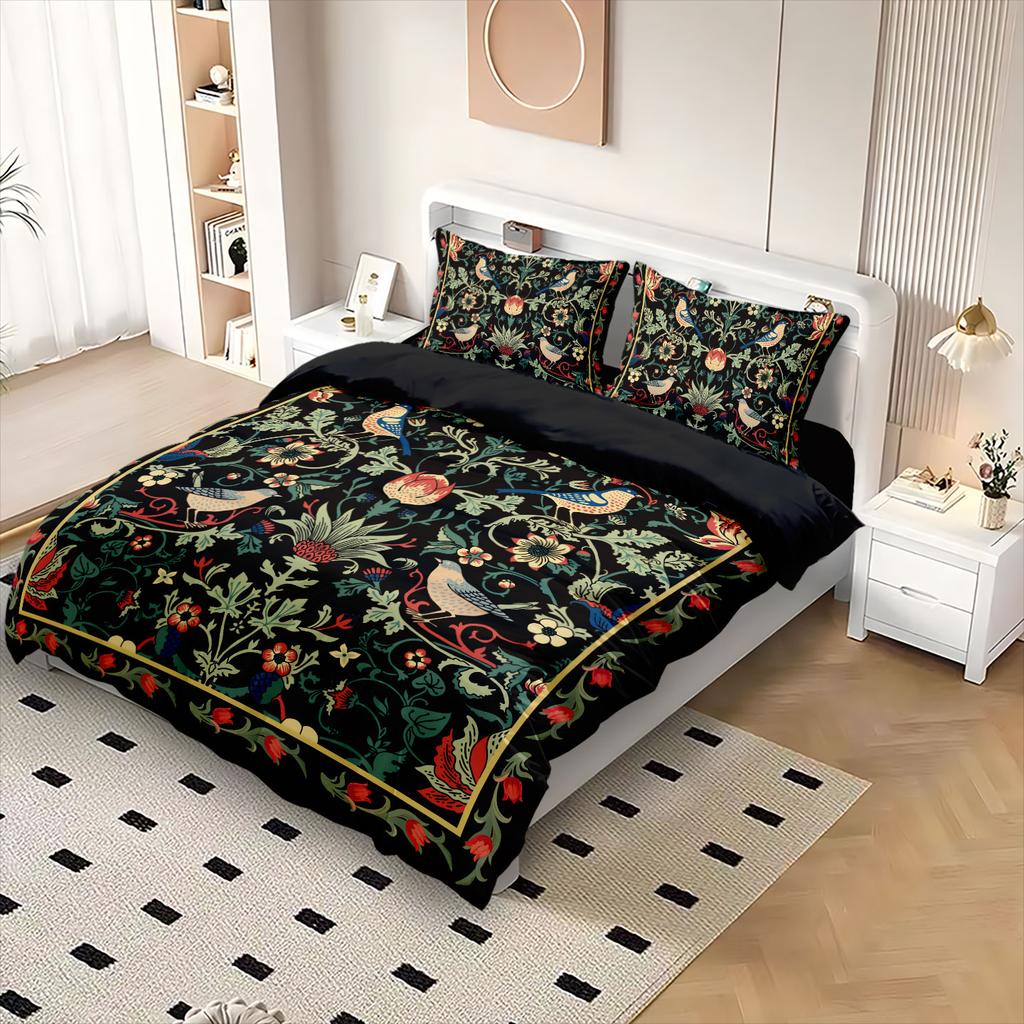 3pcs Black Retro Floral Print Coreless Duvet Cover Set Multi Size Bedroom Dormitory Soft and Comfortable Machine Washable