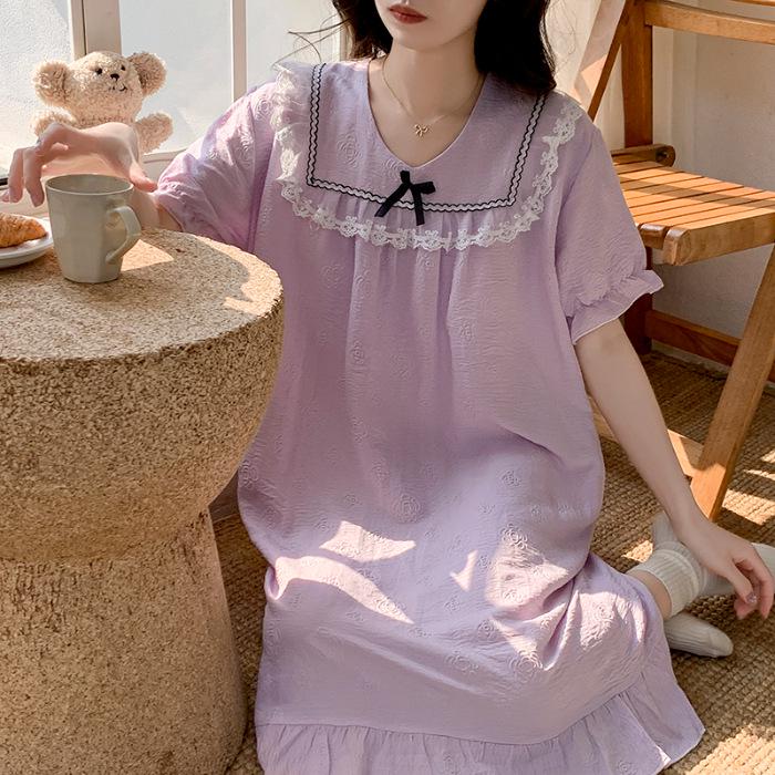 2026 Summer Women's Woven Cotton Nightgown with Bra Pads - Princess Style Short-Sleeve Long Dress