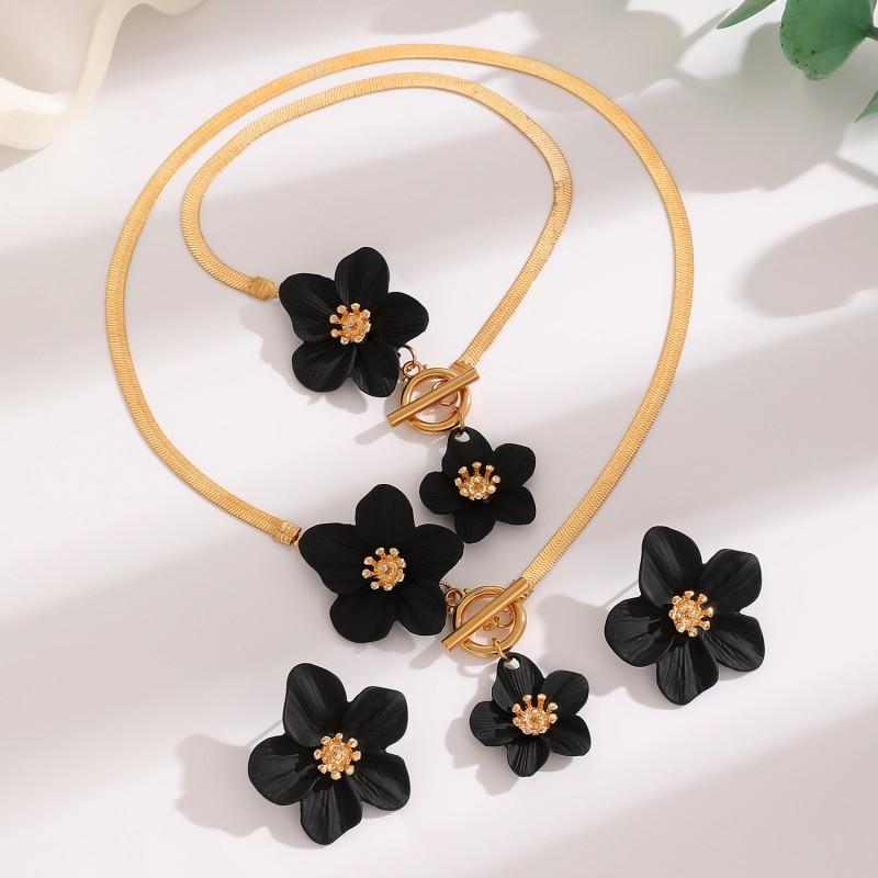 Floral Alloy Jewelry Set Women Necklace Earring Anklet With Painted Flower Pendant KC Gold Plated 2025