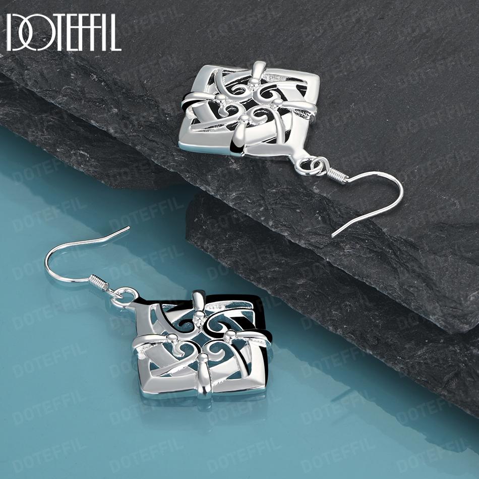 925 Sterling Silver Square Geometric Pendant Piercing Earrings Fashion Wedding Jewelry