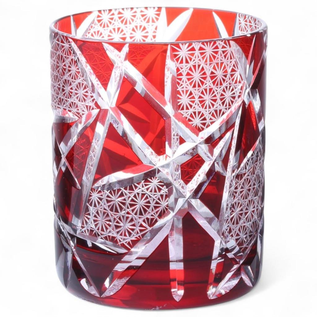 Mizukage Kiriko Glass Rocks Ranbori Komon Bisho J-kitchens Cup, Glass, 70xH90mm, 210cc, (Small Pattern), Red, (Current Model)