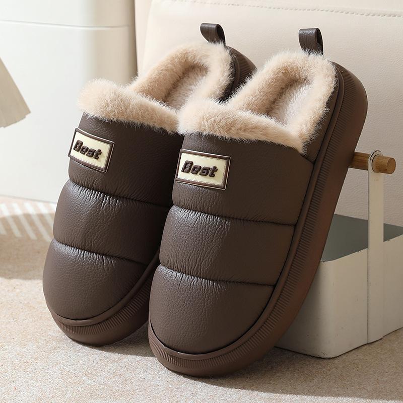 PU leather cotton slippers warm in autumn and winter home EVA thick bottom, non-slip indoor and outdoor wear waterproof velvet cotton mop