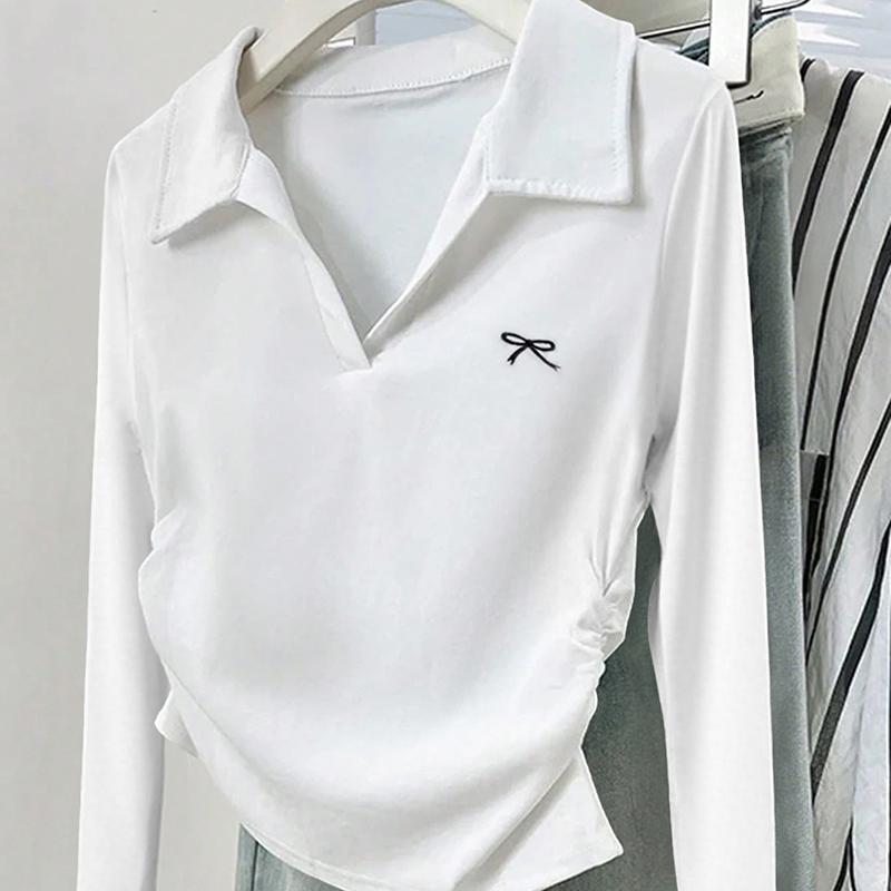 

Ladies Spring Autumn Long Sleeve Lapel Solid Color Gather Waistline Pullover T Shirt Top S