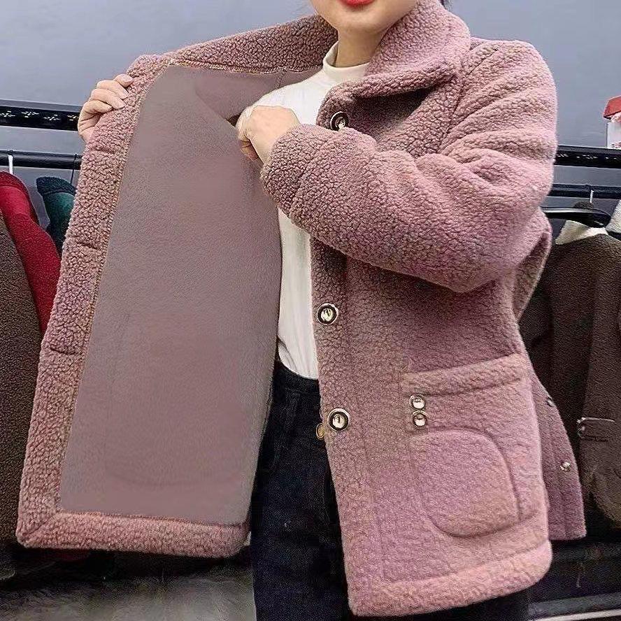 Mid-Length Fleece-Lined Faux Lamb Wool Women's Warm Coat