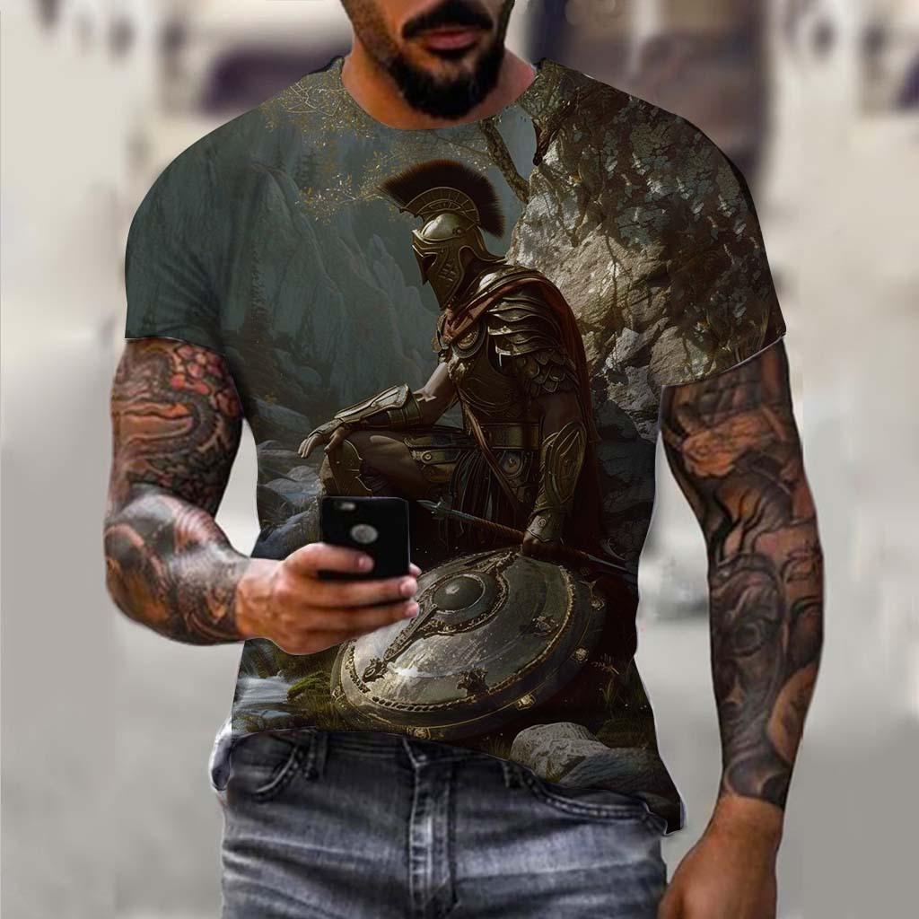 Samurai 3D Printed Short Sleeved T-shirt Summer Breathable Polyester Simple Round Neck Top