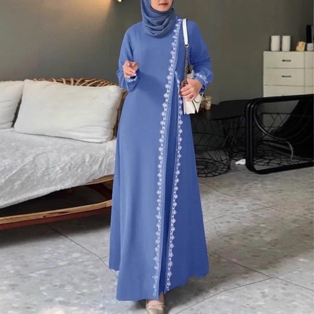 Muslim Women's Solid Color Lace Trim Casual Dress with Long Sleeves