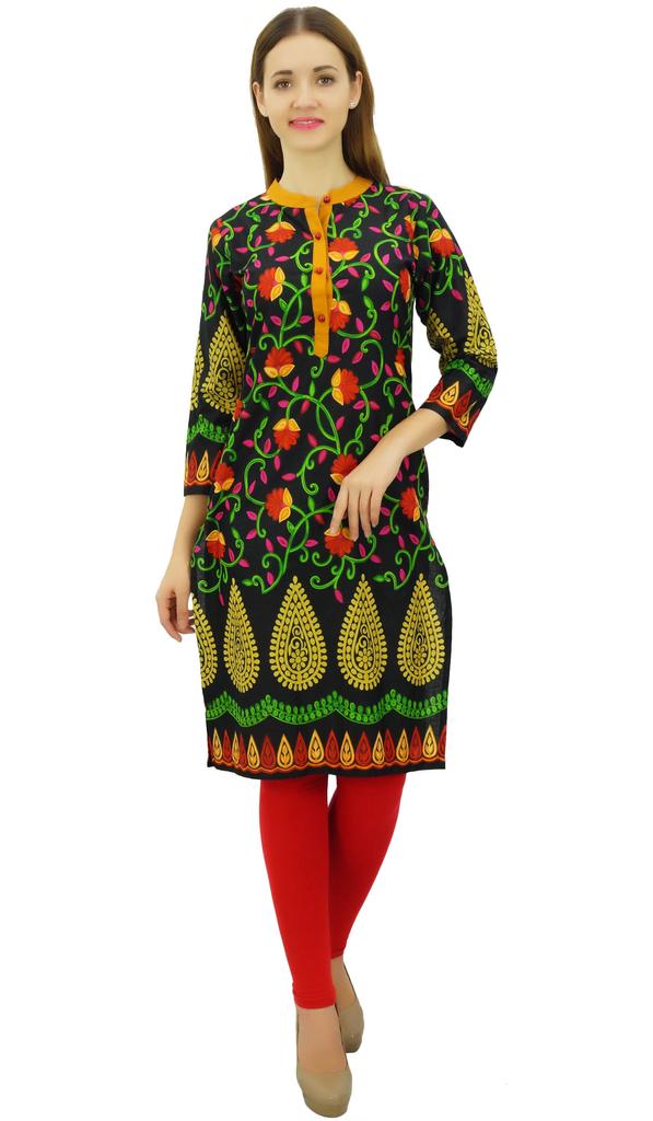 Phagun Women's Printed Blouse Tunic 3 4 Sleeve Black Kurta Ethnic Clothing -