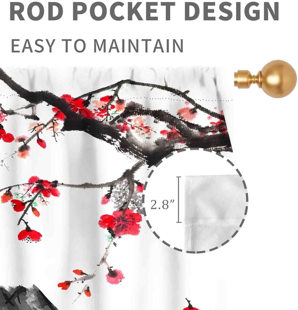 Japanese Curtains Traditional Ink Painting Red Floral Plum Cherry Blossom Asian Style Nature Mountains Landscape Window Drapes Curtain Polyester